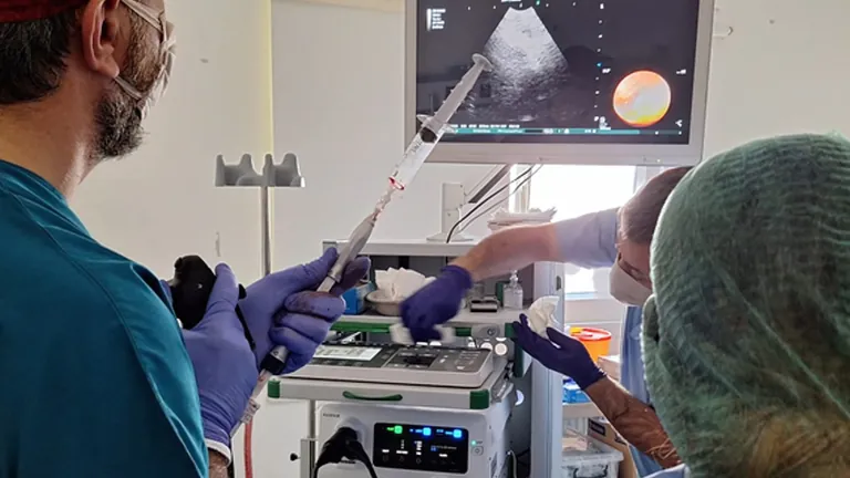 İşlem odasında klinik ekibimiz: hekimin yanında iğne desteği, ekranda endoskopik ultrason görüntüsü