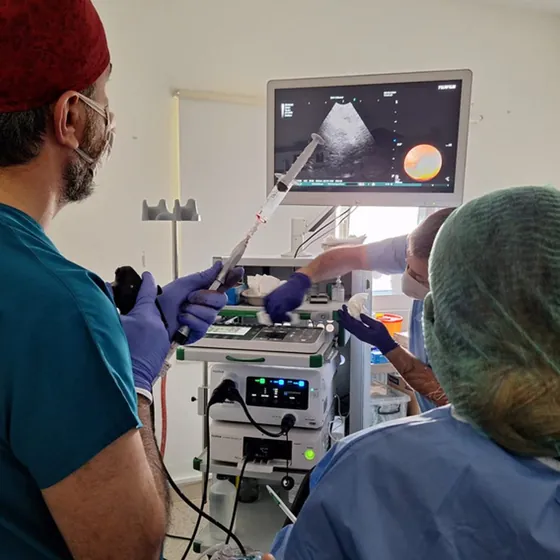 İşlem odasında klinik ekibimiz: hekimin yanında iğne desteği, ekranda EUS görüntüsü